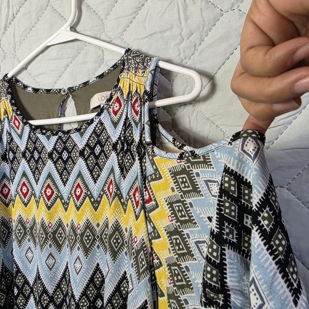Ann Taylor Loft Multi Color Geometric Cold Shoulder Dress Sz XS Boho Blue Yellow - Picture 7 of 9